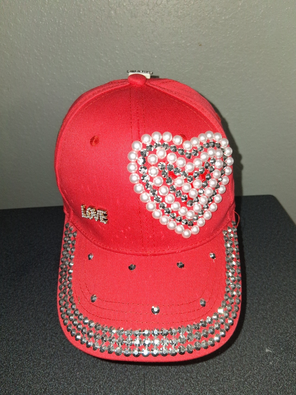 Ladies Red Heart Bling Baseball Cap